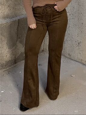 Suede Lace-Up High-Waist Flared Pants in Dark Brown